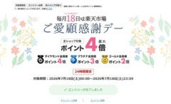 楽天市場｢ポイント最大4倍ご愛顧感謝デー｣を開始 19日20時からは｢お買い物マラソン｣を開催