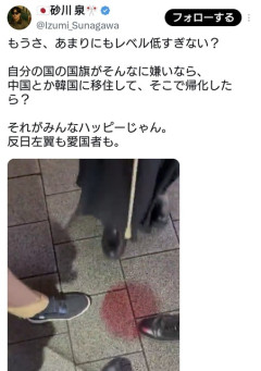 自分の国の国旗がそんなに嫌いなら、中国とか韓国に移住して、そこで帰化したら？  [7/19]