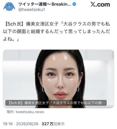 【悲報】爆美女港区女子「大谷クラスの男でも私以下の顔面と結婚するんだって思ってしまったんだよね。」