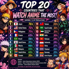韓国人「日本アニメの世界視聴国ランキング上位20ヵ国がこちらです‥」→「世界中で圧倒的な影響力‥」