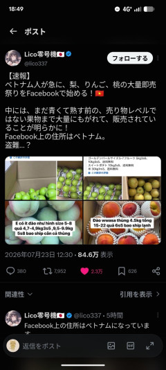 ベトナム人さん、熟してない梨、りんご、桃の大量即売祭りをSNSで始めるwwwwwww