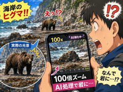 海岸のヒグマ、Pixelの100倍ズームで撮った結果、AI処理でヒグマが岩になる