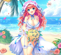 「ハッピーウェディング、冥王♪　真夏の太陽のもと、永遠の愛を誓いましょう。空も海も、私たちを祝福していますわ」オーガスト『あいミス』新イベント『渚のウェディング』