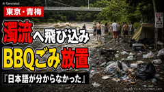 【東京・青梅】外国人グループが濁流へ飛び込み「日本語が分からなかった」BBQごみも大量放置