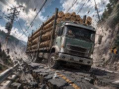 トラック、地震にギリ耐える