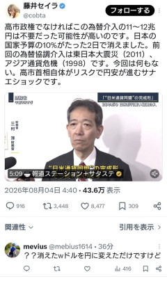 【悲報】「高市政権だから為替介入の11～12兆円、日本の国家予算の10%消えました」←これｗｗｗｗｗ