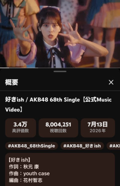 【朗報】AKB48新曲『好きish』MV 800万再生突破キタ━━(((ﾟ∀ﾟ)))━━━━━!! こりゃ発売前に1000万いきそうだな！【AKB48 68thシングル】