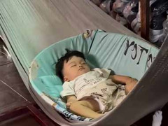 赤ちゃんがハンモックで寝ていた。淡々と静かに作業中 → 無心な労働者の顔はこちらです…