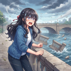 ｱｲﾔｰ!!橋の欄干が強風で!! (`ハ´#)