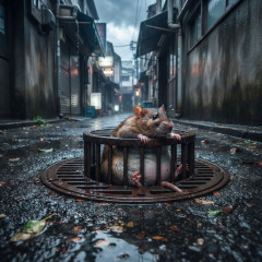 台風13号に耐えきれず、下水道から上がってきたネズミ太って排水溝から出られず