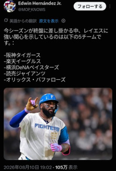 日ハム・レイエス、阪神楽天読売DeNAオリックスの争奪戦か