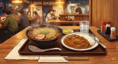 【朗報画像】この安っぽいラーメンとカレーセットを見てよ