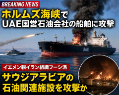 【速報】ホルムズ海峡でUAE国営石油会社の船舶に攻撃 イエメンの親イラン組織フーシ派はサウジアラビアの石油関連施設を攻撃か