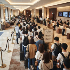 今夜泊まるホテルに来たけどチェックインの列がヤバすぎるwwwwwwwwww