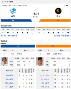 【ドラゴンズ実況】8/16 中日vs巨人（バンテリンドーム）13:30～先発：柳 【中継:CBCテレビ　BS-TBS他】
