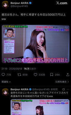 【衝撃】婚活女性の希望年収がヤバすぎると話題に→スレは同情論と辛口評価で真っ二つｗｗｗ