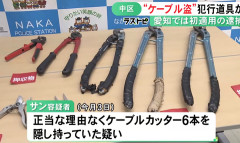 「私のものではない」 車にケーブル切る器具６本を隠し持っていたカンボジア国籍の男を逮捕 　愛知で初摘発。　愛知県内では今年、太陽光発電施設などのケーブルが盗まれる被害約140件