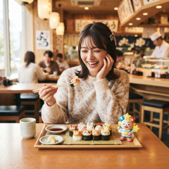 【悲報】女の子「ちいかわのお寿司おいしい！景品ももらったよ♡」