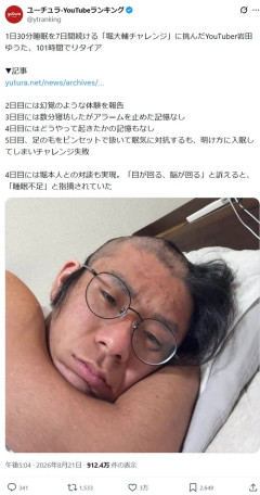【悲報】「堀大輔チャレンジ」したYouTuber、5日でとんでもない姿になるｗｗｗｗｗ
