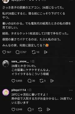 【炎上】シンママ『エアコン26→28度に』電気代削減→『ケチすぎ』『バカ母』ｗｗｗ