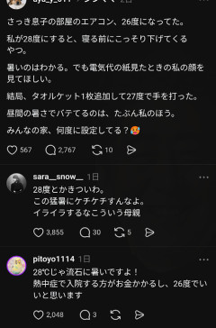 【悲報】ママ、息子とエアコンの温度設定バトルを繰り広げて炎上するｗｗｗｗｗ