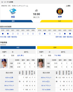 【ドラゴンズ実況】8/27 中日vs阪神（バンテリンドーム）18:00～先発：金丸【中継:三重テレビ　J SPORTS 2　DAZN他】