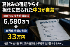 【PICKUP】夏休み宿題やらず担任に怒られた中3が自殺→親が市に6580万円の損害賠償請求→鹿児島地裁「33万円」