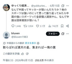 【悲報】日本人「なんで中国って個人競技は強いのにサッカーは弱いの？」中国人「ふむ…」