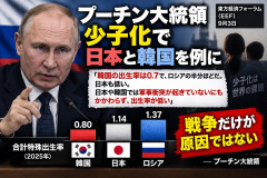 【速報】プーチン氏「戦争もしていないのに韓国り出生率はロシアの半分でワロタ、日本はまあロシアと同程度だが韓国ｗ」