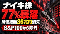 【大惨事】ナイキ株、最高値から77％暴落…時価総額36兆円消失でS&P100から除外へｗｗｗｗｗｗ