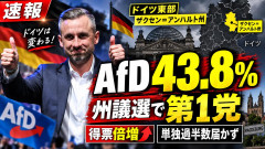【43.8％で圧勝】ドイツ州議選で極右政党AfDが第1党ガチ復活！過半数までわずか3議席
