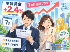 7月の実質賃金2.4%増、7カ月連続プラス　夏季賞与の伸びが寄与