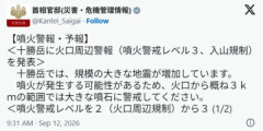 【火山注意】北海道・十勝岳、気象庁は噴火警戒レベル3（入山規制）に引き上げ…火口から概ね3㎞の範囲は大きな噴石に警戒