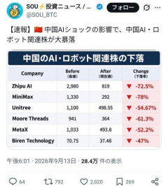 【🇨🇳悲報】中国AI・ロボット関連株が大暴落