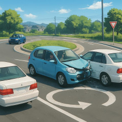 秋田県初のラウンドアバウト導入 実験初日、中央部分に車が衝突する事故   |  日本じゃ無理じゃね？