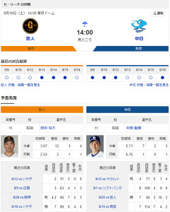 【ドラゴンズ実況】9/19 中日vs巨人（東京ドーム）14:00～先発：中西【中継:中京テレビ　BS日テレ　DAZN他】