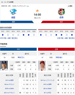 【ドラゴンズ実況】9/21 中日vs広島（バンテリンドーム）14:00～先発：高橋宏【中継:テレビ愛知　J SPORTS 2　DAZN他】