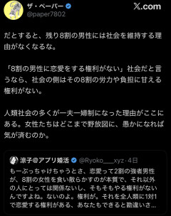 【画像】女性「2割の強男が8割の女の子を食い尽くすのが恋愛の本質です」←これｗｗｗ