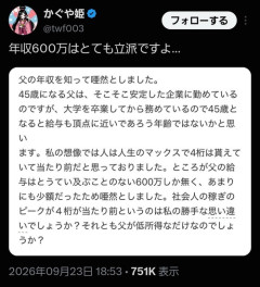 【悲報】ドパガキ「45歳の父親、年収600万しか無くて唖然とした…」←X民ブチギレｗｗｗｗ