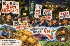 若い農家の意欲奪わないで ジャガイモ輸入解禁「反対」、首相官邸前で訴え