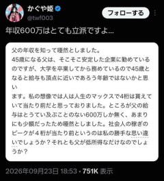 【悲報】世間さん「45歳600万は勝ち組」「これが負け組とか世間知らずすぎｗ」「1000万とか社長じゃなきゃ無理ｗ」ｗｗｗｗｗｗｗｗｗｗ