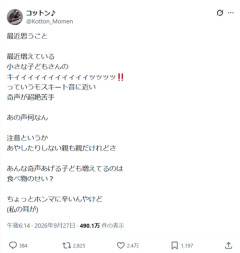 【悲報】X民「最近増えている小さな子供のｷｲｲｲｲｲｲｯﾂﾂ!!ってモスキート音に近い奇声が苦手」