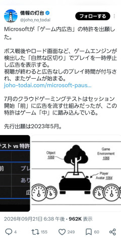 【悲報】Microsoft「ゲームの途中にも『CM』入れたら良くね？」特許申請