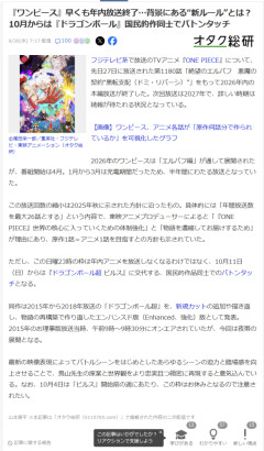【悲報】アニメワンピース、放送終了へ。後番組はドラゴンボール