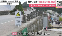 撮影してたら、橋の欄干を越えて約3メートル下の埠頭に転落、脊髄損傷し四肢がまひする後遺症が残る　　オーストラリア人男性（66）、「柵が低い」と函館市に4億円を求めて提訴