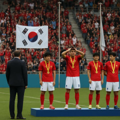 サッカー表彰式でトラブル… 優勝の韓国の国旗掲揚されず 韓国の旗だけ下がったまま国歌 応援団ブーイング、選手は困惑   #アジア大会