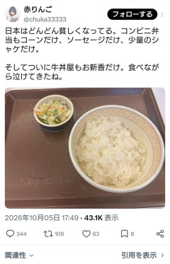パヨさん「日本はどんどん貧しくなってる。牛丼屋もお新香だけ。食べながら泣けてきたね」