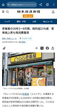 【悲報】ココイチ 純利益が1年で2割以上減ってしまう