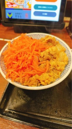 【画像】ワイが吉野家の牛丼にかける紅生姜の量