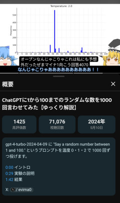 2年前の動画「ChatGPTに1から100までの数字をランダムに挙げさせたらほとんど43」って今ならどうなるの